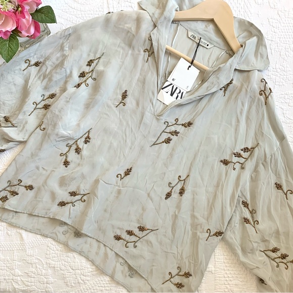 NWT Zara Limited Edition Embellished Jewel Top Gray LG - Picture 9 of 14